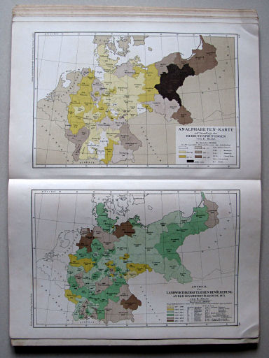 Andree-Peschel, Physikalisch-statistischer Atlas des Deutschen Reichs, 1878
25. Analphabeten-Karte auf Grundlage der Rekrutenprüfungen. Antheil der landwirtschaftliche Bevölkerung an der Gesammtbevölkerung 1871