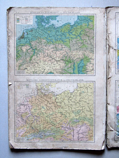 Andree-Putzger's Gymnasial- und Realschul-Atlas, 1879
S.32. Höhenschichtenkarte von Deutschland. Mittlere Jahrestemperatur von Deutschland