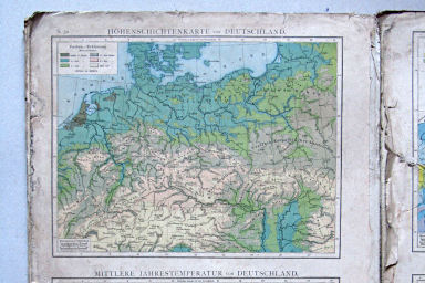 Andree-Putzger's Gymnasial- und Realschul-Atlas, 1879
S.32. Höhenschichtenkarte von Deutschland. Mittlere Jahrestemperatur von Deutschland