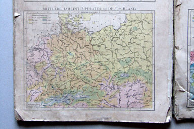 Andree-Putzger's Gymnasial- und Realschul-Atlas, 1879
S.32. Höhenschichtenkarte von Deutschland. Mittlere Jahrestemperatur von Deutschland