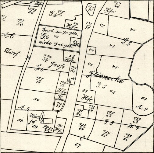 Ausschnitt einer Katasterkarte von Dorf Glienicke
bei Potsdam im Maßstab 1:4000.