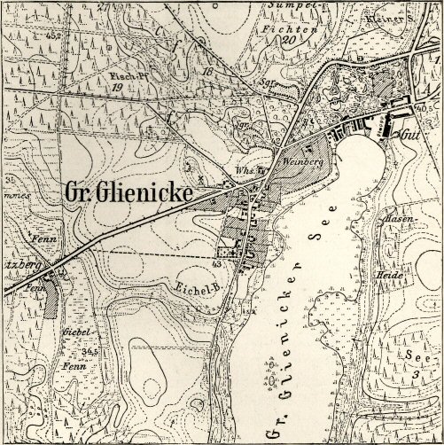 Ausschnitt eines Meßtischblattes von Dorf Glienicke im Maßstab 1:25&nbsp;000.