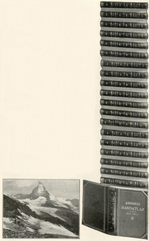 Größenverhältnis zwischen dem Matterhorn
(4482 m hoch) und den bisher erschienenen
Exemplaren von Andrees Handatlas.