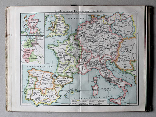 Putzgerův historický školní atlas, Čechy, 1911
17. Střední a západní Evropa za času Hohenštaufů