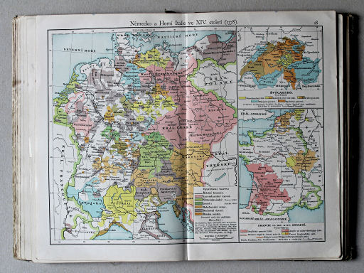 Putzgerův historický školní atlas, Čechy, 1911
18. Německo a Horní Italie ve XIV. století (1378)