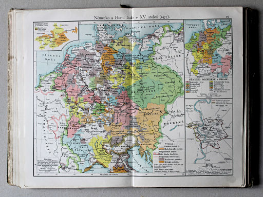 Putzgerův historický školní atlas, Čechy, 1911
19. Německo a Horní Italie v XV. století (1477)