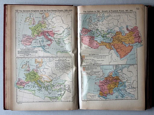 Shepherd, Historical Atlas, 1927
52. The Germanic Kingdoms and the East Roman Empire, 526-600
53. The Califate in 750. Growth of Frankish Power, 481-814