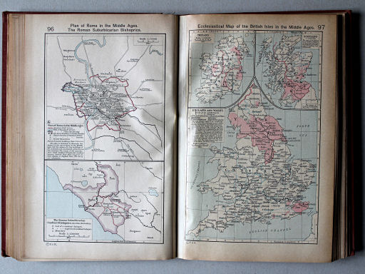 Shepherd, Historical Atlas, 1927
96. Plan of Rome in the Middle Ages. The Roman Suburbicarian Bishoprics
97. Ecclesiastical Map of the British Isles in the Middle Ages