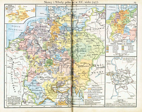 Putzgera Atlas historyczny, Galicya, 1918
19. Niemcy i Włochy północne w wieku XV. (1477)