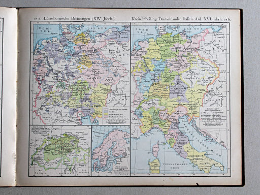 Putzger's Historischer Schul-Atlas, 1881
17a. Lützelburgische Besitzungen. (XIV. Jahrh.)
17b. Kreiseintheilung Deutschlands. Italien Anf. XVI. Jahrh.