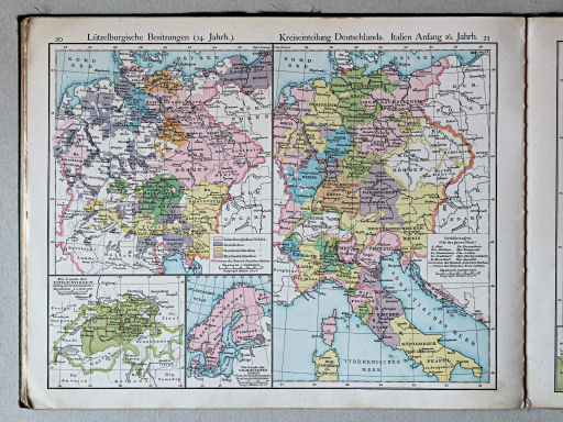 Putzger's Historischer Schul-Atlas, 1887
20. Lützelburgische Besitzungen (14. Jahrhundert)
21. Kreiseinteilung Deutschlands. Italien Anfang 16. Jahrhunderts