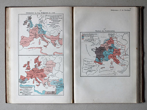 Putzgers Historischer Schul-Atlas, 1911
13b. Christentum ca. 814, Religionen ca. 1100
14a. Wachsen des Frankenreichs