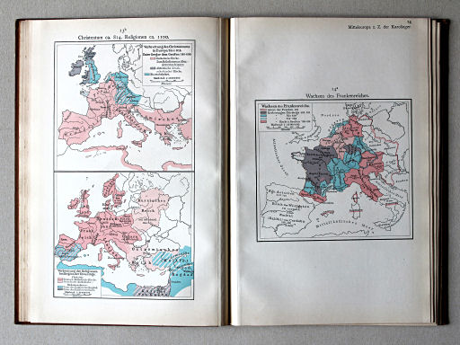 Putzgers Historischer Schul-Atlas, Schweiz, 1913
13b. Christentum ca. 814, Religionen ca. 1100
14a. Wachsen des Frankenreichs