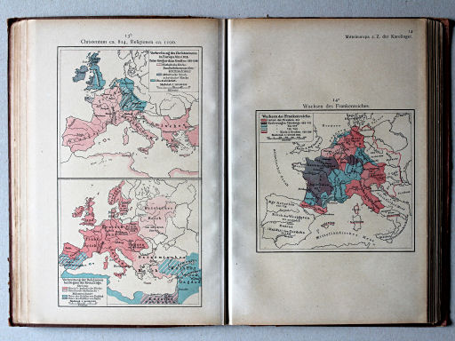 Putzgers Historischer Schul-Atlas, 1918
13b. Christentum ca. 814, Religionen ca. 1100
14a. Wachsen des Frankenreichs