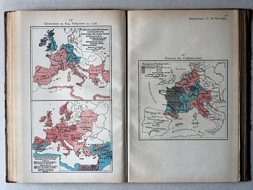 Putzgers Historischer Schul-Atlas, 1922
13b. Christentum ca. 814, Religionen ca. 1100
14a. Wachsen des Frankenreichs