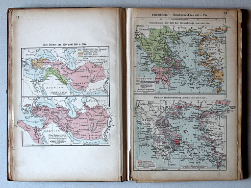 Putzgers Historischer Schul-Atlas, Große Ausgabe, 1923
12. Der Orient um 600 und 500 v. Chr.
13. Perserkriege – Griechenland um 450 v. Chr.