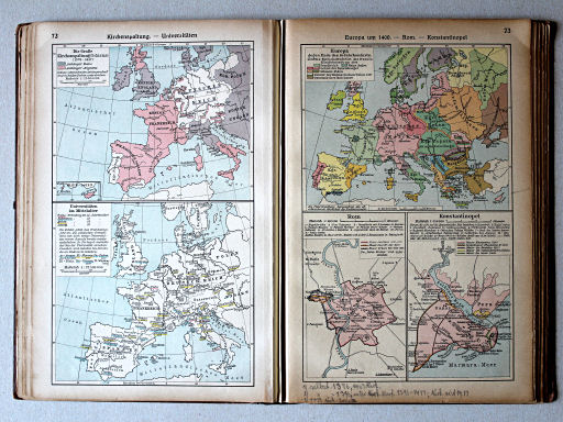 Putzgers Historischer Schul-Atlas, Große Ausgabe, 1923
72. Kirchenspaltung – Universitäten
73. Europa um 1400 – Rom – Konstantinopel
