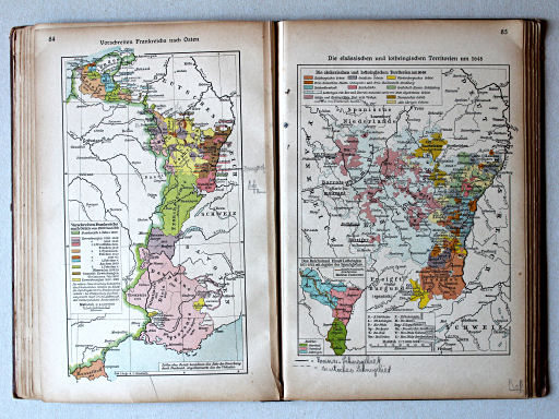Putzgers Historischer Schul-Atlas, Große Ausgabe, 1923
84. Vorschreiten Frankreichs nach Osten von 1300 bis 1789
85. Die elsässischen und lothringischen Territorien um 1648