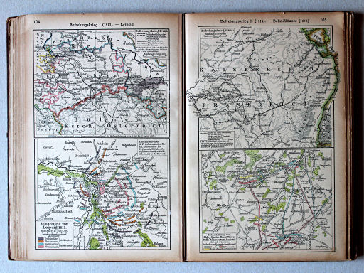 Putzgers Historischer Schul-Atlas, Große Ausgabe, 1923
104. Befreiungskrieg I (1813) – Leipzig
105. Befreiungskrieg II (1814) – Belle-Alliance (1815)