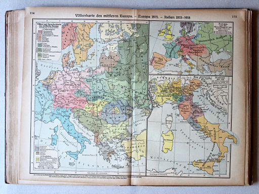 Putzgers Historischer Schul-Atlas, Große Ausgabe, 1923
114.115. Völkerkarte des mittleren Europa – Europa 1815 – Italien 1815-1918