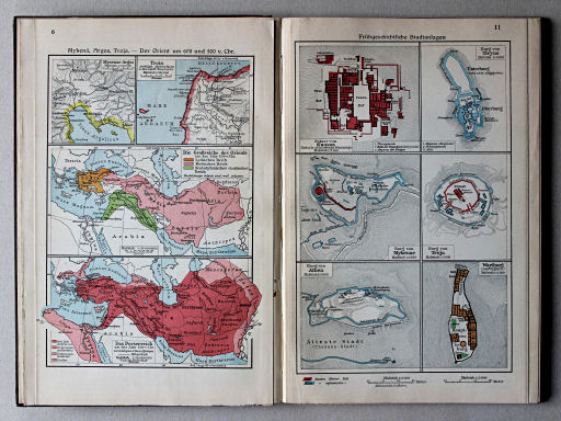 Putzgers Historischer Schul-Atlas, Große Ausgabe, 1931/33
6. Mykenä, Argos, Troja – Der Orient um 600 u. 500 v. Chr.
11. Frühgeschichtliche Stadtanlagen