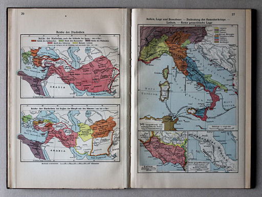 Putzgers Historischer Schul-Atlas, Große Ausgabe, 1931/33
26. Reiche der Diadochen
27. Italien, Lage und Bewohner – Bedeutung der Samniterkriege – Latium – Roms geopolitische Lage