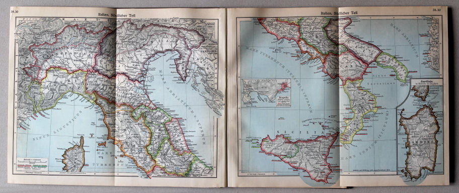 Putzgers Historischer Schul-Atlas, Große Ausgabe, 1931/33
29.30. Italien. Nördlicher Teil
31.32. Italien. Südlicher Teil
