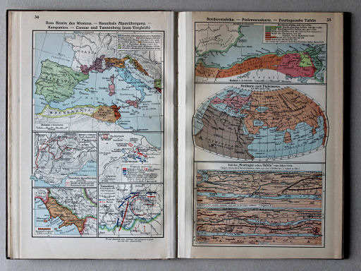 Putzgers Historischer Schul-Atlas, Große Ausgabe, 1931/33
34. Rom Herrin des Westens – Hannibals Alpenübergang – Kampanien – Cannae und Tannenberg (zum Vergleich)
35. Nordwestafrika – Ptolemaeuskarte – Peutingersche Tafeln