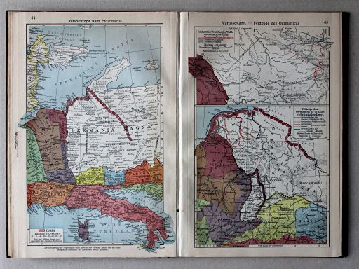 Putzgers Historischer Schul-Atlas, Große Ausgabe, 1931/33
44. Mitteleuropa nach Ptolemaeus
45. Varusschlacht – Feldzüge des Germanicus