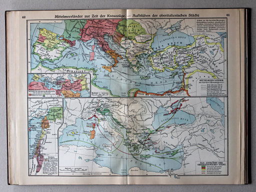 Putzgers Historischer Schul-Atlas, Große Ausgabe, 1931/33
60.61. Mittelmeerländer zur Zeit der Kreuzzüge – Aufblühen der oberitalienischen Städte