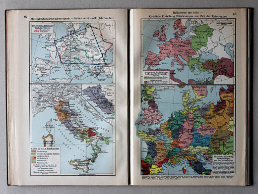 Putzgers Historischer Schul-Atlas, Große Ausgabe, 1931/33
62. Mittelalterliches Verkehrsviereck – Italien im 10. und 11. Jahrhundert
63. Religionen um 1000 – Kirchliche Einteilung Mitteleuropas zur Zeit der Reformation