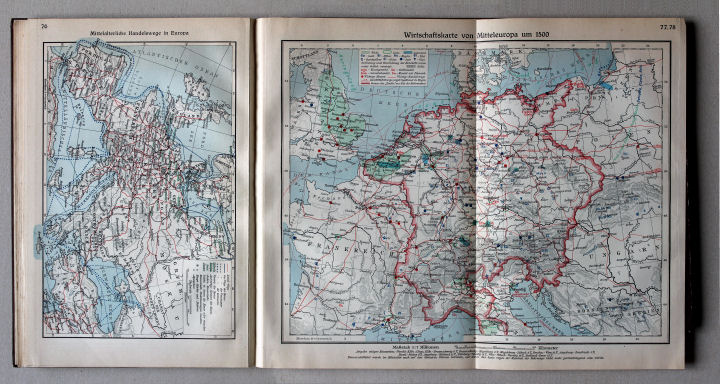 Putzgers Historischer Schul-Atlas, Große Ausgabe, 1931/33
77.78. Wirtschaftskarte von Mitteleuropa um 1500
