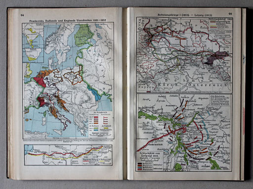 Putzgers Historischer Schul-Atlas, Große Ausgabe, 1931/33
94. Frankreichs, Rußlands und Englands Vorschreiten 1801-1812
95. Befreiungskrieg I (1813) – Leipzig (1813)