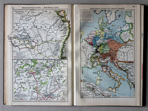 Putzgers Historischer Schul-Atlas, Große Ausgabe, 1931/33
98. Befreiungskrieg II (1814) – Belle-Alliance (1815)
99. Umgestaltung Europas 1815 (Wiener Kongreß)