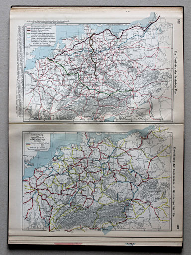 Putzgers Historischer Schul-Atlas, Große Ausgabe, 1931/33
102. Zur Geschichte der deutschen Post
103. Entwicklung der Eisenbahnen in Mitteleuropa bis 1866
