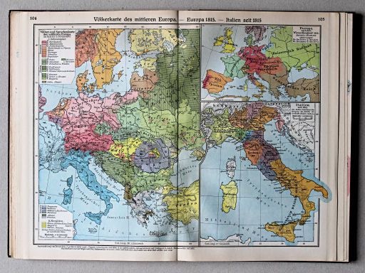 Putzgers Historischer Schul-Atlas, Große Ausgabe, 1931/33
104.105. Völkerkarte des mittleren Europa – Europa 1815 – Italien seit 1815