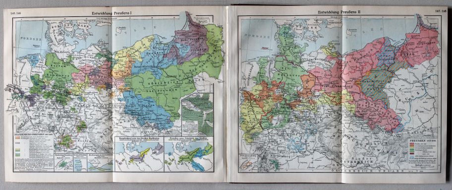Putzgers Historischer Schul-Atlas, Große Ausgabe, 1931/33
145.146. Entwicklung Preußens I
147.148. Entwicklung Preußens II