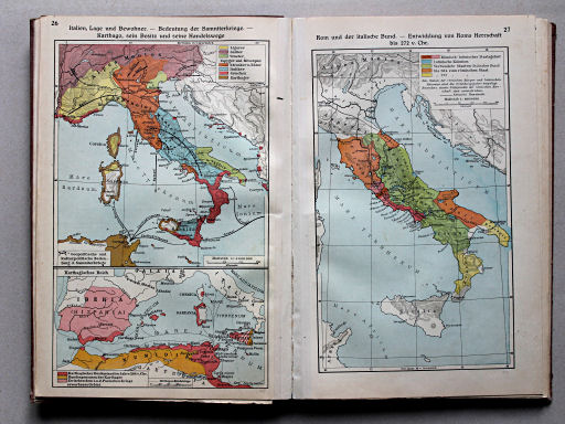 Putzgers Historischer Schul-Atlas, Große Ausgabe, 1934
26. Italien, Lage und Bewohner – Bedeutung der Samniterkriege – Karthago, sein Besitz und seine Handelswege
27. Rom und der italische Bund – Entwicklung von Roms Herrschaft bis 272 v. Chr.