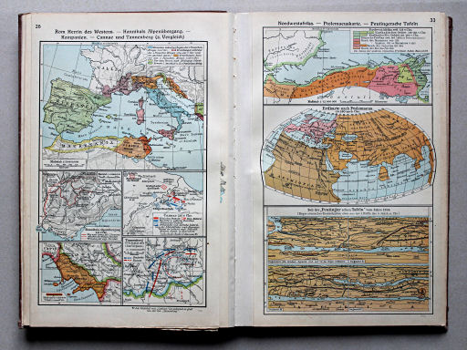 Putzgers Historischer Schul-Atlas, Große Ausgabe, 1934
28. Rom Herrin des Westens – Hannibals Alpenübergang – Kampanien – Cannae und Tannenberg (z. Vergleich)
33. Nordwestafrika – Ptolemaeuskarte – Peutingersche Tafeln