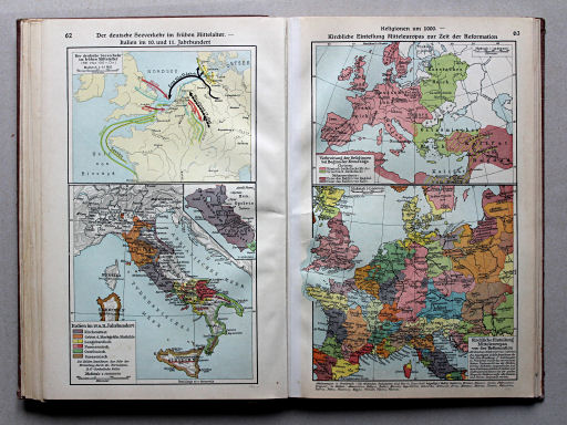 Putzgers Historischer Schul-Atlas, Große Ausgabe, 1934
62. Der deutsche Seeverkehr im frühen Mittelalter – Italien im 10. und 11. Jahrhundert
63. Religionen um 1000 – Kirchliche Einteilung Mitteleuropas zur Zeit der Reformation