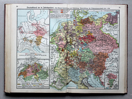 Putzgers Historischer Schul-Atlas, Große Ausgabe, 1934
70.71. Deutschland im 14. Jahrhundert – Die Häuser Luxemburg und Habsburg – Entwicklung der Eidgenossenschaft 1315-1797
