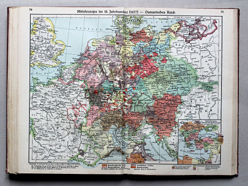 Putzgers Historischer Schul-Atlas, Große Ausgabe, 1934
74.75. Mitteleuropa im 15. Jahrhundert (1477) – Osmanisches Reich