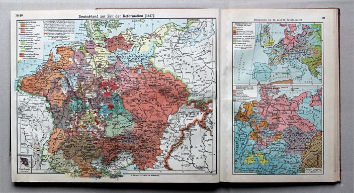 Putzgers Historischer Schul-Atlas, Große Ausgabe, 1934
79.80. Deutschland zur Zeit der Reformation (1547)
81. Religionen im 16. und 17. Jahrhundert