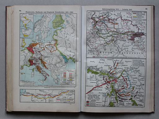 Putzgers Historischer Schul-Atlas, Große Ausgabe, 1934
94. Frankreichs, Rußlands und Englands Vorschreiten 1801-1812
95. Befreiungskrieg 1813 – Leipzig 1813