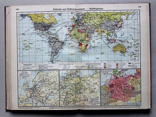 Putzgers Historischer Schul-Atlas, Große Ausgabe, 1934
138.139. Kolonial- und Weltverkehrskarte – Weltfluglinien
