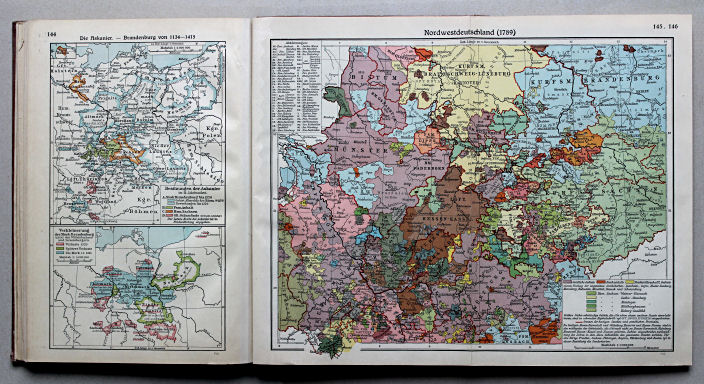 Putzgers Historischer Schul-Atlas, Große Ausgabe, 1934
144. Die Askanier – Brandenburg von 1134-1415
145.146. Nordwestdeutschland 1789