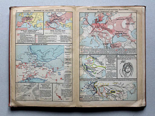 Putzgers Historischer Schul-Atlas, Große Ausgabe, 1937
2. Eiszeitalter – Altsteinzeit vor etwa 500 000-20 000 Jahren
3. Die Landnahme nordisch-indogermanischer Bauernvölker zur Jungsteinzeit 4000-1800