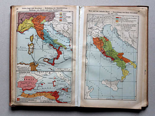Putzgers Historischer Schul-Atlas, Große Ausgabe, 1937
26. Italien, Lage und Bewohner – Bedeutung der Samniterkriege – Karthago, sein Besitz und seine Handelswege
27. Rom und der italische Bund – Entwicklung von Roms Herrschaft bis 272 v. Chr.