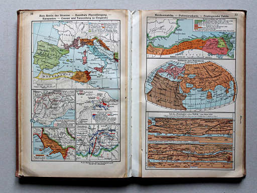 Putzgers Historischer Schul-Atlas, Große Ausgabe, 1937
28. Rom Herrin des Westens – Hannibals Alpenübergang – Kampanien – Cannae und Tannenberg (z. Vergleich)
33. Nordwestafrika – Ptolemaeuskarte – Peutingersche Tafeln