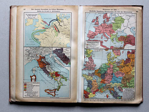 Putzgers Historischer Schul-Atlas, Große Ausgabe, 1937
62. Der deutsche Seeverkehr im frühen Mittelalter – Italien im 10. und 11. Jahrhundert
63. Religionen um 1000 – Kirchliche Einteilung Mitteleuropas zur Zeit der Reformation
